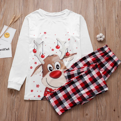 Pyjama de Noël adulte : haut blanc renne et pantalon à carreaux rouges et noirs