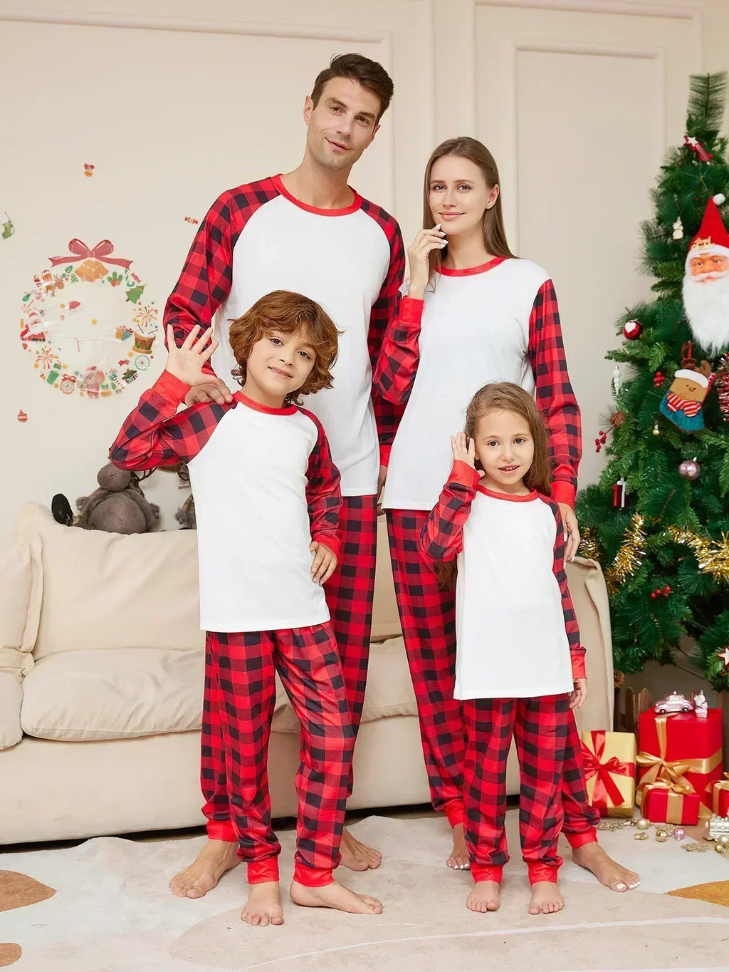 Pyjama de Noël famille à carreaux rouges et noirs
